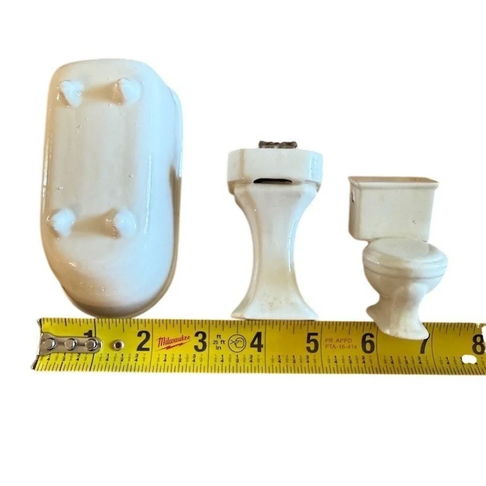 Miniature Dollhouse Bathroom Set Victorian White Tub Toilet Pedestal Sink